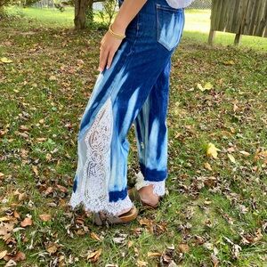 Upcycled Blue Tie-Dye Jeans with Lace Trim